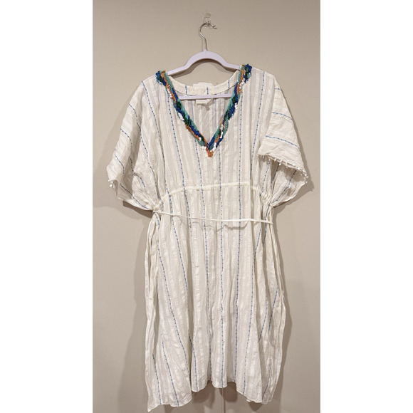 Anthropologie Duet Womens Anais Kaftan Dress White Blue Striped One Size 2353 - Picture 1 of 9